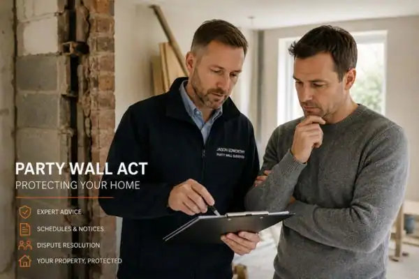 Party wall surveyor Armthorpe discussing extension plans with homeowner outside a UK semi-detached house.